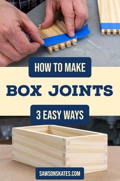 a man is making wooden boxes with blue tape and woodworking tools on the table