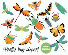 different types of bugs and insects with the words pretty bug clipart on it's side