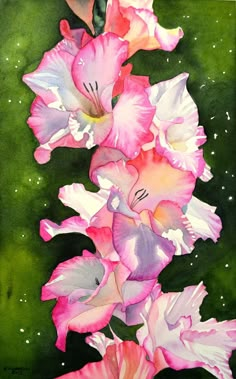 a painting of pink and white flowers on a green background with space in the middle