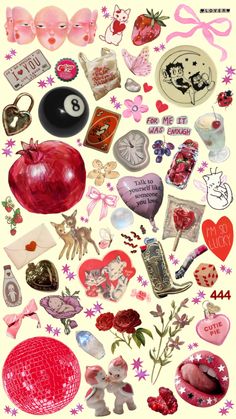 an assortment of stickers and magnets on a white background with pink flowers, hearts