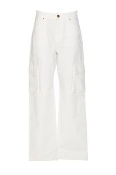 100% Cotton Chic Straight Leg Jeans With Cargo Pockets, Mid-rise White Wide Leg Pants With Pockets, White Mid-rise Wide Leg Pants With Pockets, White Utility Pants With Five Pockets, Chic White Bottoms With Cargo Pockets, Chic White Pants With Cargo Pockets, Chic White Cargo Pants, Chic Mid-rise Cargo Pants With Side Pockets, White Utility Bottoms With Five Pockets