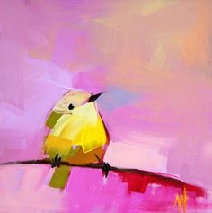 a painting of a yellow bird sitting on a pink branch with white and red background