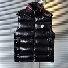 Men's Fashion Casual Badge Pattern Warm Vest Down Jacket Luxury Black Outerwear With Pockets, Black Luxury Outerwear, Designer Black Winter Outerwear, Designer Black Outerwear With Padded Collar, Black Luxury Outdoor Outerwear, Designer Black Outerwear For Outdoor, Moncler Vest, Mens Down Vest, Bubble Vest