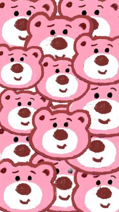 a group of pink teddy bears with brown spots on their faces and noses, all in the same pattern