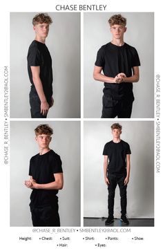 four different poses of a young man in black shirt and jeans, with the text chase bentley