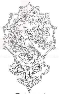 a drawing of a bird and flowers on a white background with the word love written below it