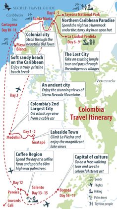 a map showing the location of colombia's travel itinerary and its locations