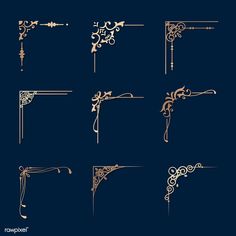 the different types of decorative brackets on a blue background, with gold trimmings