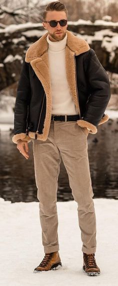 Winter Clothes Men Cold Weather, Russian Men Outfit, Sheepskin Jacket Outfit, Shearling Jacket Outfit Men, Men Snow Outfit, Brown Shearling Jacket Outfit, Men’s Winter Boots, Snow Outfits Men