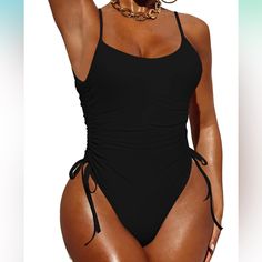 About This Item Women Sexy One Piece Ruched Tummy Control Swimsuit Scoop Neck, Adjustable Spaghetti Strap, Removable Padded Self Tie Adjustable Drawstring On Both Sides, High Cut, High Leg Cheeky Swimwear Sexy And Flattering Swimsuit For Summer Beach, Swimming Pool, Holiday And Vacation Machine Washable In Cold Water, Do Not Bleach Dy Black Ruched Fitted Bodysuit, Fitted Black Ruched Bodysuit, Black Fitted Ruched Bodysuit, Fitted Ruched Backless Bodysuit, Ruched Swimwear With Spaghetti Straps, Beach Ruched Bodysuit, Solid Ruched Swimwear With Spaghetti Straps, Stretch Ruched Bodysuit For Beach Season, Solid Color Ruched Bodysuit For Beach