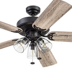 a ceiling fan with three glass shades on the blades and two wooden blades attached to it