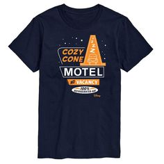 a navy t - shirt with the words cozy cone motel in orange and white on it