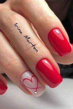 Nail Valentines Ideas, French Tip Nails With Valentine Design, Valentines Biab Nail Design, Valentines Day Nails Regular Polish, Valentines Nail Ideas Acrylic Short, Red Nail Designs 2023, Simple February Nails Almond, Simple Valentines Nails Almond Shape, Red Nails Acrylic Valentines Day