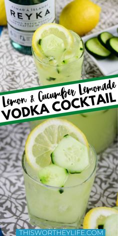 lemon and cucumber lemonade vodka cocktail with sliced cucumbers in the background