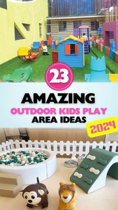 an advertisement for the children's outdoor play area with toys and animals on it