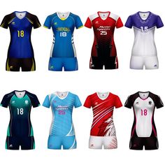 six different soccer uniforms with numbers on them