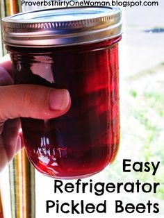 a mason jar filled with red pickled beets and text overlay that reads easy refrigerator pickled bees