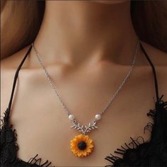 Sunflower Trendy Necklace Material: Zinc Alloy 21”Long 2 “Extension Summer Flower Pendant Necklace Gift, Yellow Flower Necklace For Summer, Elegant Summer Flower Pendant Jewelry, Summer Yellow Flower Necklaces, Summer Yellow Flower Necklace, Summer Flower Charm Necklaces, Summer Flower Pendant Necklace With Flower Charm, Trendy Flower Necklace As A Gift, Trendy Summer Jewelry With Flower Decoration