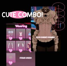 an animated video game with clothes and text that reads, cute comboo wearing cute corset comi items used