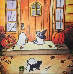 a drawing of a house decorated for halloween with pumpkins, jack - o'- lantern and ghost