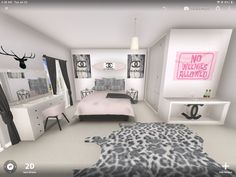 a virtual view of a bedroom with white furniture and pink accents on the walls, along with a cheetah rug