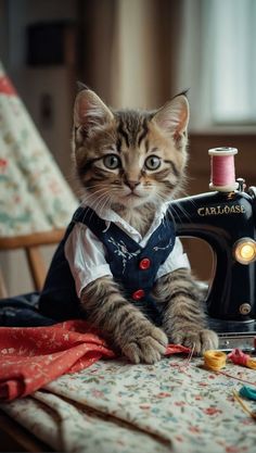 a cat sitting on top of a table next to a sewing machine