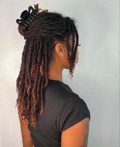 Locs Bleached Tips, Small Locs Curly Ends, Mid Back Length Loc Styles, Locs With Curly Ends Styles, Locs With Gems, Black Women With Dreadlocks, Black Anime Characters Women Dreads, Curly Hair Dreadlocks, Long Locs With Curly Ends