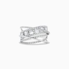 Effy Classique 14K White Gold Diamond Cross Over Ring Platinum Rings With Baguette Diamonds In White, White Platinum Rings With Baguette Diamonds, 14k White Gold Baguette Cut Ring, 14k White Gold Rings With Baguette Diamonds, Formal White Rings With Baguette Diamonds, Formal White Baguette Diamond Rings, Classic White Gold Wide Band Ring With Diamond Cut, Elegant White Gold Cluster Ring With Polished Finish, Fine Jewelry Wide Band Open Ring