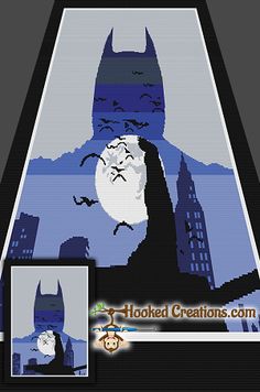 a cross stitch batman poster with the image of bats flying over cityscapes and buildings