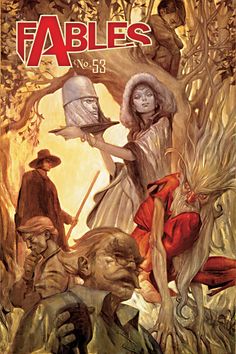 the cover to fables vol 53, featuring an image of two witches and one demon