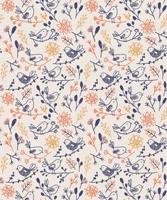 an orange and blue floral pattern with birds on it's back ground, in the middle