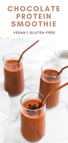 chocolate protein smoothie in three glasses with straws on the side and text overlay that reads, chocolate protein smoothie vegan i gluten - free