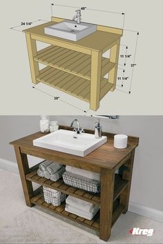 an image of a bathroom vanity with sink and shelves on the wall next to it