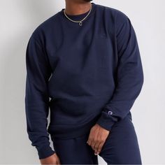 Nwt Champion Fleece Crew In Navy. C Logo. Blue Fleece Outerwear With Crew Neck, Blue Crew Neck Outerwear For Loungewear, Cozy Blue Crew Neck Sweats, Cozy Blue Crew Neck Sweatshirt, Blue Champion Hoodie, Champion Vintage Sweatshirt, Sweaters Crewneck, Logo Color, Men Sweater