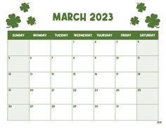 a march calendar with shamrocks on it