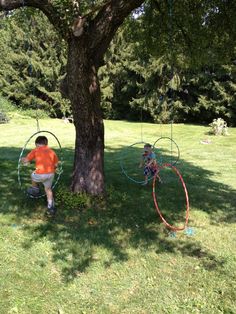 two people are playing with hoop tosses in the grass under a tree on a sunny day