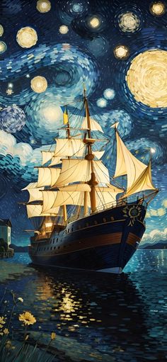 a painting of a ship sailing in the ocean at night with stars and clouds above it