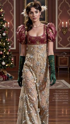 This Regency-inspired Christmas gown, with its regal burgundy and golden detailing, captures the holiday spirit. Leo, always craving the spotlight, will love the gown’s opulent design and rich colors that command attention. Gemini, known for their versatility and love of fashion that tells a story, will appreciate the intricate floral patterns that play with the light. Cancer, nostalgic and sentimental, will be drawn to the traditional elegance of this gown, making it the perfect choice for festive costume parties. Discover more about yourself on our astrology website! #pinterest #zodiac #astrology  #Halloween #Empire #Regency #holiday #christmas #dress #costumes #Parties #Festive #Leo #Gemini #Cancer Gown Making, Leo Gemini, Fasion Outfits, Gold Rush