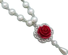 Red Pearl Necklaces For Valentine's Day, Elegant Rose Design Jewelry For Valentine's Day, Elegant Rose Red Jewelry With Rose Design, Elegant Rose Red Necklace With Rose Design, Elegant Red Pearl Jewelry, Elegant Red Jewelry With Pearl Pendant, Elegant Red Necklace With Pearl Charm, Red Elegant Jewelry With Pearl Pendant, Elegant Red Pearl Necklace Gift