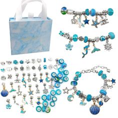 Please read carefully before buying！ A blue box，3 snake bone bracelets with a heart-shaped lobster clasp extension chain, 20 pendants, 20 large alloy beads, 20 Blue series glass beads, enough for you to DIY your own jewelry craft. Will not compensate, replace, or refund for slight imperfections, defects, or scratches, slight color variations from photo, and/or minor detail issues or minor damages. If you want to replace them buyer has to ship them back at their own expense. Please understand thi Kids Bead Bracelet, Bracelet Making Kit, Bracelet Kit, Diy Charm Bracelet, Bracelet Kits, Jewelry Making Kit, Bracelets Diy, Diy Crystals, Bracelet Diy