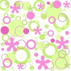 pink and green circles and flowers on a white background