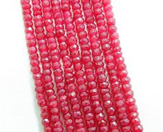 "Product Detail Stone Name:----------------------> Natural Ruby (Real) Origin:------------------------------->Mozambique (Africa) Specific Comment: -------------> Original Ruby (No Glass or anything) Product Type:--------------------> Faceted Beads. Shape:------------------------------> Roundelle Shape. Size:----------------------------------> 3MM to 4MM Approx Quantity:---------------------------> 1. String. For Complete Necklace, Please choose the option \"9 Strand Necklac Red Rondelle Gemstone Beaded Bracelets, Red Rondelle Gemstone Beads, Red Oval Gemstone Beads, Red Rondelle Beads For Jewelry Making, Red Rondelle Beaded Necklace With Spacer Beads, Ruby Beads, Ruby Necklace, Semi Precious Beads, Ruby Jewelry