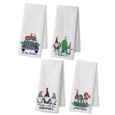 four hand towels with christmas scenes and santa's helpers on them, one is white