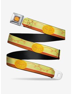 an orange and yellow belt with a metal buckle on the front, two black belts are shown