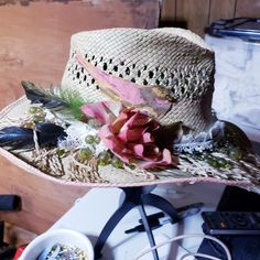 Vintage Authentic Scala Straw Hat This Straw Hat Is A Western, Cowbow, Cowgirl Style Wired Brim For Shaping Upcycled Hand Painted With Unique Fringe, Green Beads, Feathers And Vintage Lace Silk Flower And Bird Applique One Of A Kind Art Colors Are Nuetral With Touches Of Blush Pink And Greens. Floral Garden Hat Sun Hat One Size Measures 22 1/2" Elastic Band Unique And Beautiful Mothers Day Gift Idea Wearable Art Signed Hang Tag Festival Hat Cottagecore Beach Hat Hat Cottagecore, Cottagecore Beach, Garden Hat, Painted Beads, Gardening Hat, Bird Applique, Boho Hat, Festival Hat, Lace Silk