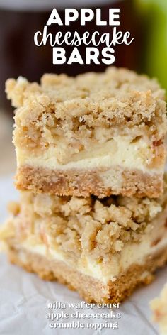 three pieces of apple cheesecake bars stacked on top of each other with the title above it