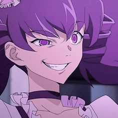 an anime character with purple hair and big eyes smiles at the camera while looking to his left