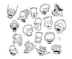 the simpsons characters are drawn in black and white, with different facial expressions on their faces