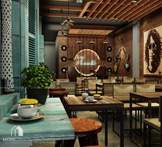 the interior of a restaurant with wooden tables, chairs and potted plants on display