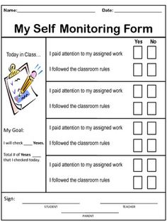 the self monitoring form for students to use in their school's classroom workbook